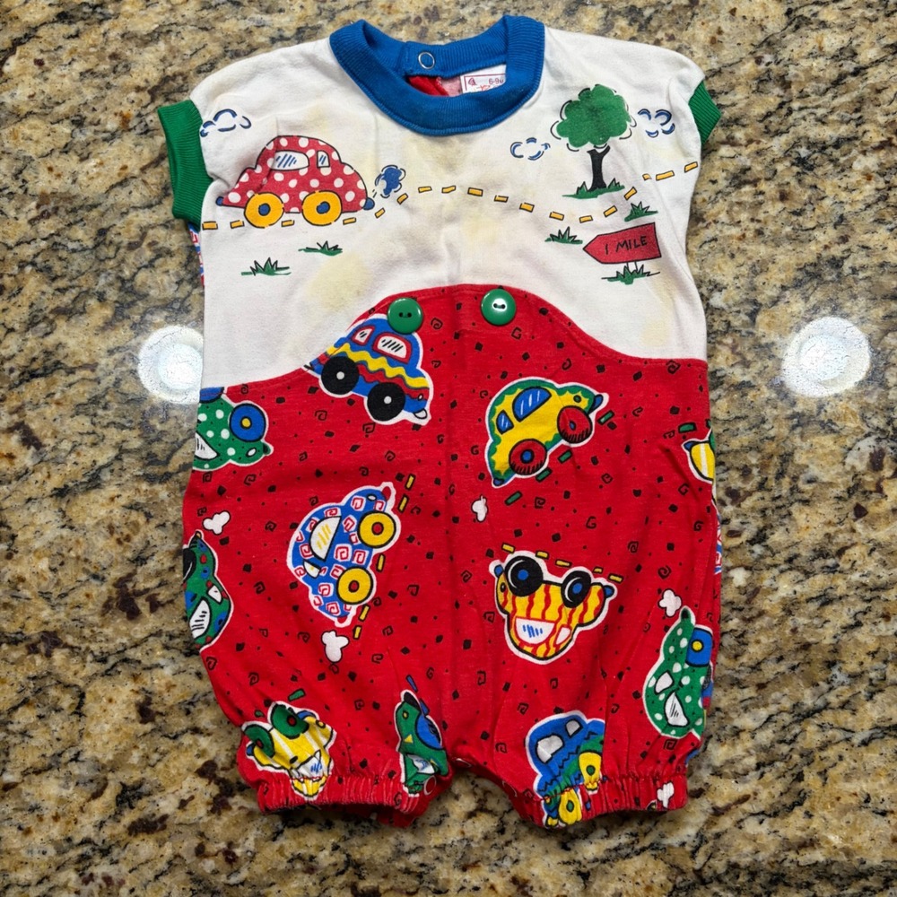 Vintage Buster Brown Baby Boy Car Print Romper Red White Blue 6-9M Short Sleeve